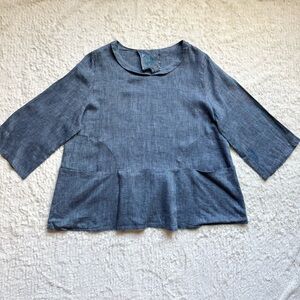 Yuvita 100% Linen 3/4 Sleeve Top XL Blue Lagenlook Coastal Grandma Boho Relaxed